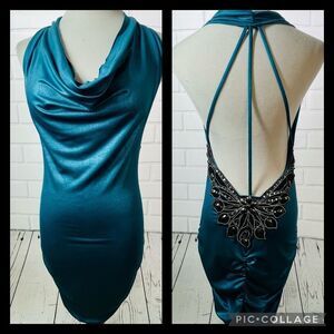 Ipona Collection Teal Beaded Backless Bodycon Dress - Size Small